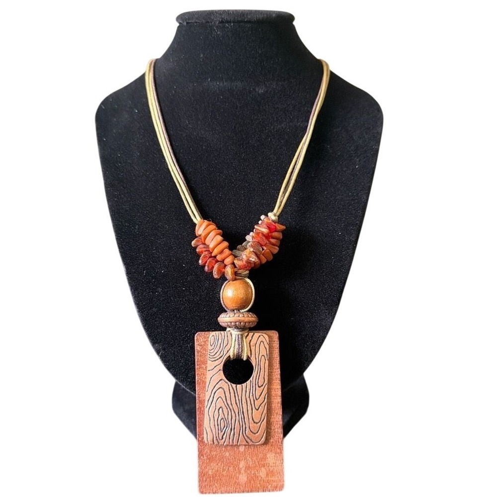 Chicos Statement Necklace Wood Pendant Beaded Multi Strand Cord Orange Brown